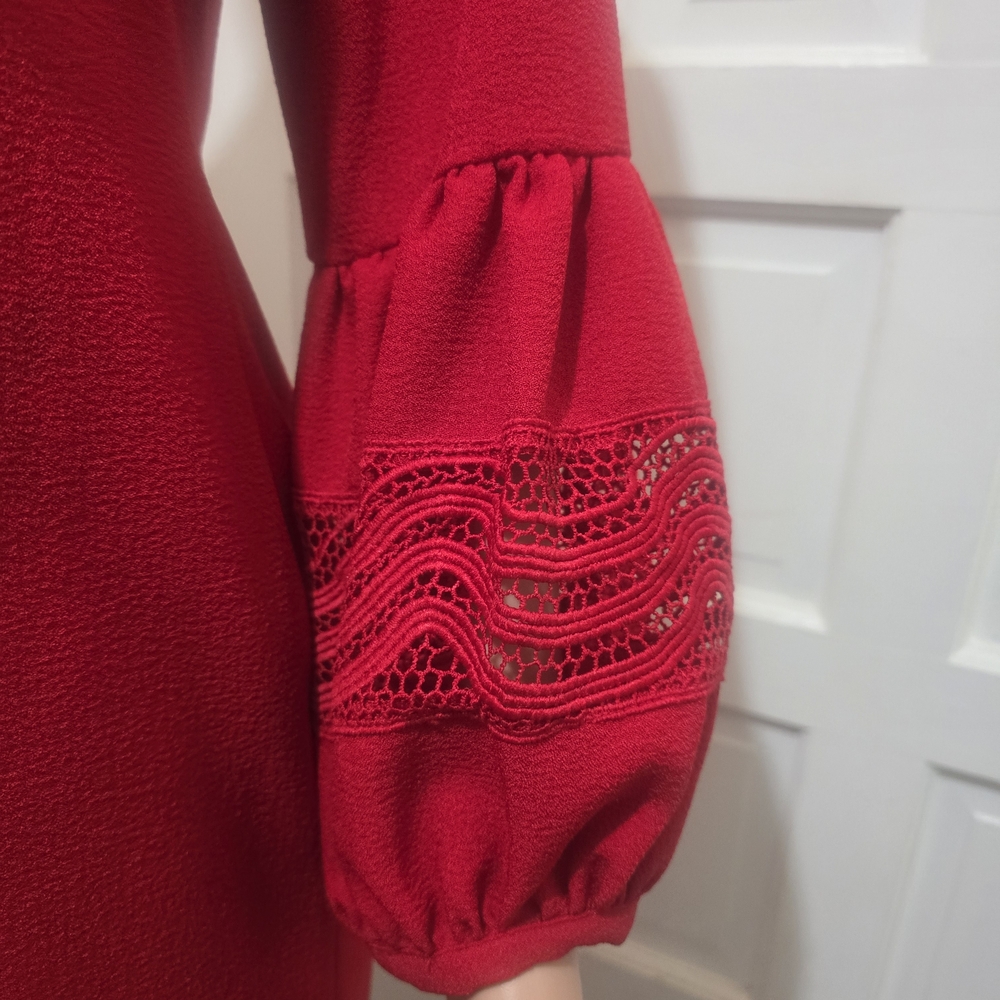 Karl Lagerfeld Red Long Sleeve Shift Dress with Lace-Trim Sleeves - Picture 5 of 8